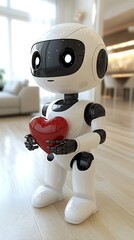 Adorable robot holding a red heart in a modern home