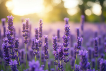 Naklejka premium field of lavender flowers with the sun shining through them