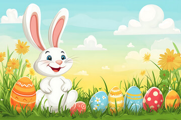 Cheerful cartoon rabbit sitting among colorful Easter eggs in a vibrant spring landscape