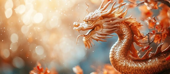 Fototapeta premium Golden dragon statue, autumn leaves, bokeh background; Asian art, mythical creature