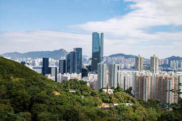 Fototapeta premium Expansive View of Hong Kong Cityscape from Mountain Top