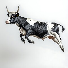 A black and white cow leaps against a white backdrop
