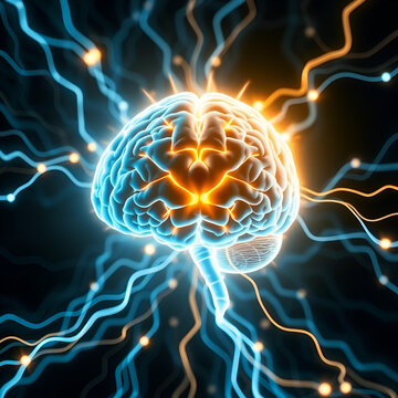Electrophysiology neuroinformatics and lateral geniculate nucleus glowing brain surrounded by energy waves symbolizing brain activity data processing and neural transmission
