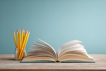 A book on a wooden desk against a teal background, with blank pages and yellow pencils. The picture illustrates school themes, education, and learning. Generative Ai