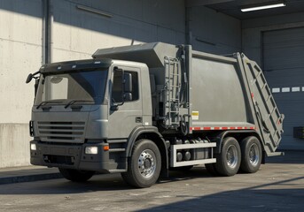 A gray garbage truck is parked near a concrete building, for environmental collection service to handle solid waste management and pollution problems