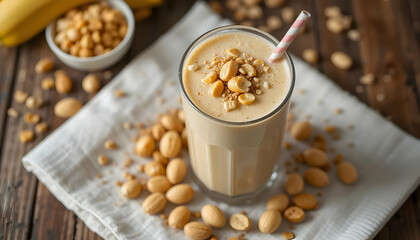 Peanut Smoothie in Glass with Peanuts on White Cloth and Wooden Table