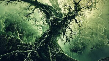 Enigmatic twisted tree with gnarled branches in a misty forest, evoking mystery and intrigue - Powered by Adobe