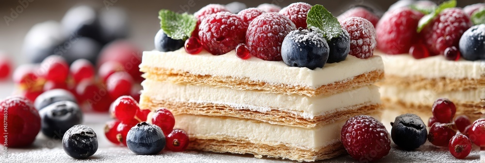 Poster delicious mille-feuille slice with creamy layers and fresh berries displayed on a rustic table