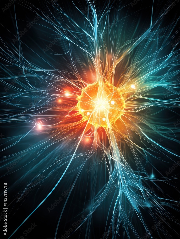 Poster Glowing Energy Source at Center With Neural Tendrils Branching out Into the Dark Background