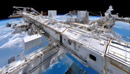 Astronaut repairs shuttle outer space high fidelity image low earth orbit panoramic view repairs in action