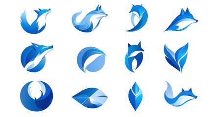 Blue fox logo design collection; graphic design elements, white background