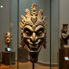 Intricate Carving of a Tribal Mask in a Museum Setting
