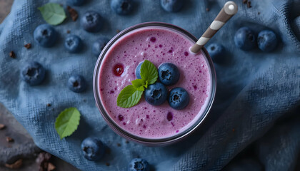 Blueberry Smoothie with Fresh Mint on Textured Blue Cloth