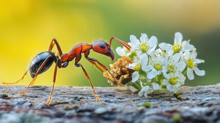 Close-up of a red ant interacting with delicate white flowers on a wooden surface in nature
