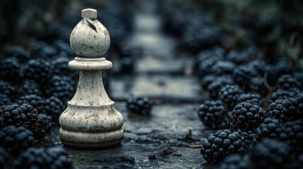 Solitary white chess pawn amidst blackberries