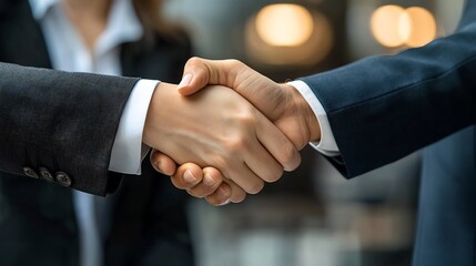 Stock photo concept: A close up of a professional handshake between a businessman and businesswoman, polished suits, symbolizing a signed contract deal