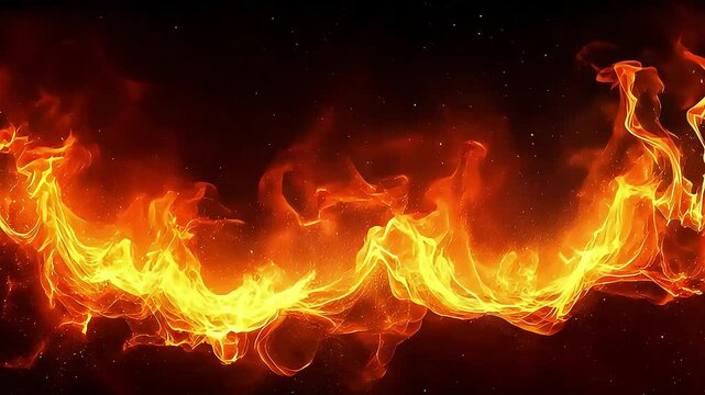 Dynamic fiery flame wave with glowing fire sparks on black background