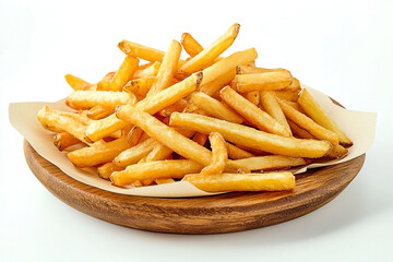 Golden French Fries Delight: A Tempting Pile on a Wooden Plate Presentation