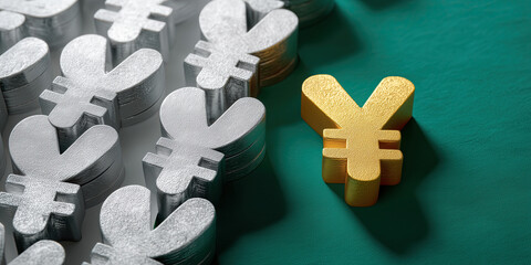 Golden yen symbol standing out among many silver yen symbols green surface, symbolizing