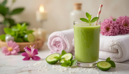 Green Smoothie with Mint and Cucumber by Rolled Towels and Flowers