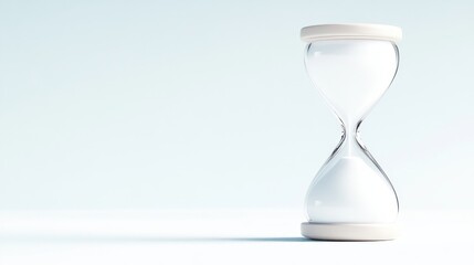 Hourglass with white sand Minimalist style High-resolution studio lighting Three-quarter view, Clean design Time elapsing concept White background Soft blue hues Ideal for deadline imagery