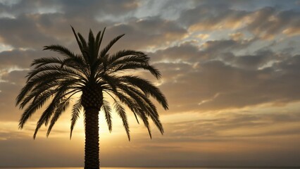 Obraz premium Silhouette of a palm tree against a vibrant sunset sky, with clouds reflecting warm hues of orange and yellow.
