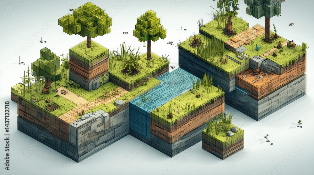 Poster Exploring a Cleanly Designed Minimal Pixel Art World in Three Dimensions