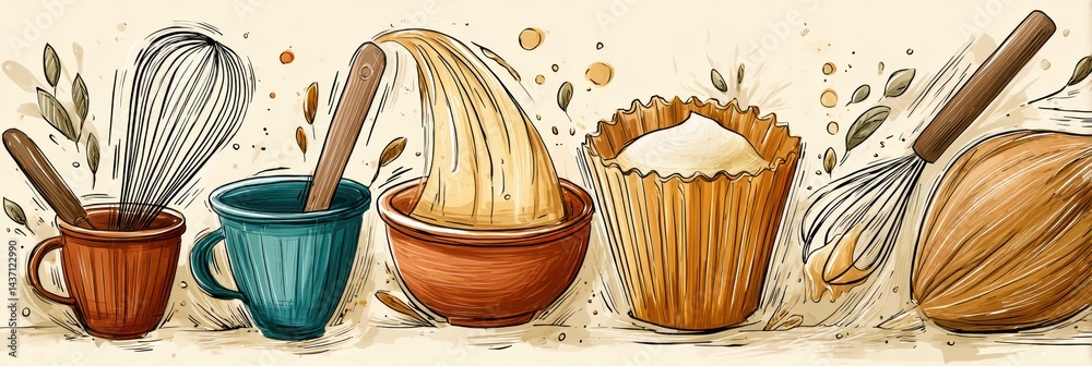 Poster Whisking Flour and Sugar in a Stylized Bakery Theme With Floating Elements and a Tart Shell in a Cheerful Kitchen Environment