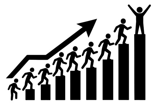Silhouette of people climbing a bar chart with an upward arrow symbolizing success career growth achievement leadership progress and teamwork