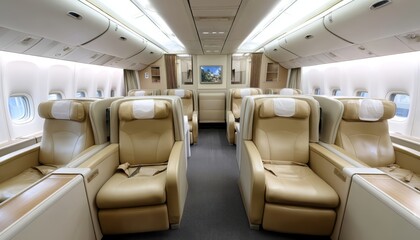 Experience opulence in first-class airplane cabin luxury travel high-fidelity environment wide shot view
