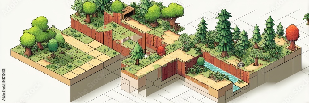 Poster Explore a Minimal Pixel Art World Set in a 3D Environment With Clean Layouts and Vibrant Landscapes Featuring Trees and a Small River