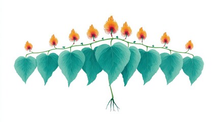 Obraz premium Elegant Teal Leaves Orange Flowers Branch Botanical Illustration Nature Design