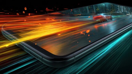 High-performance Gaming Smartphone Displaying Racing Game With Vibrant Motion Trails and Intense Graphics During Gameplay