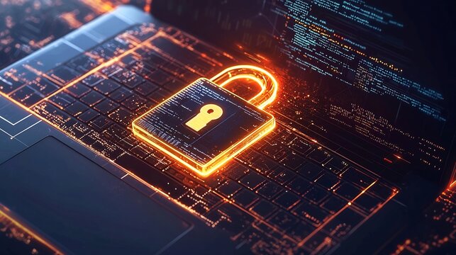 A concept of online data transfer and cybersecurity encryption, glowing digital padlock and abstract coding elements surrounding a laptop &ndash; high-quality AI image