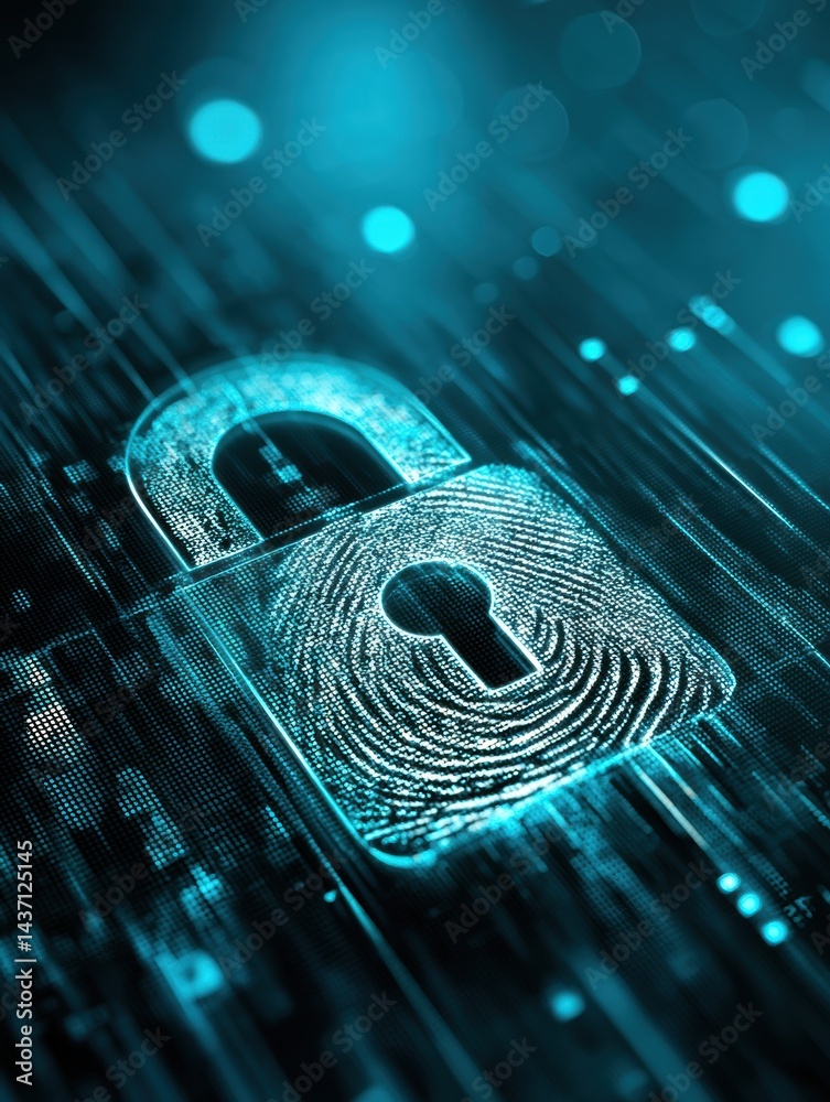 Poster holographic padlock with fingerprint icon reveals enhanced security measures in digital environments