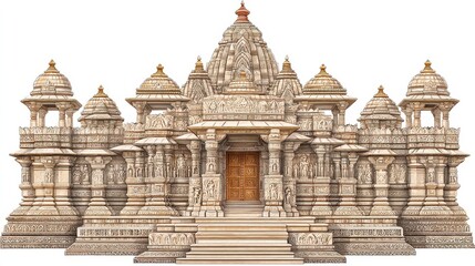 Intricate Off White Marble Temple with Detailed Carvings and Multiple Domes