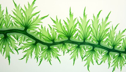 "Organic fern like patterns emerging from moss green ink drops   Microscopic watercolor cell structures   Sustainable brand packaging design"