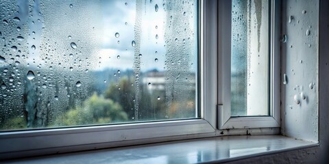 Naklejka premium Condensation on windowpane reveals blurred outdoor scene and hints of moisture damage on the windowsill