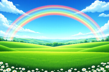 field of daisies with a rainbow in the sky