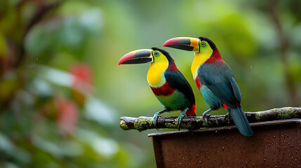 Obraz premium Two vibrant toucans perched on a branch amidst a lush green background in a tropical setting