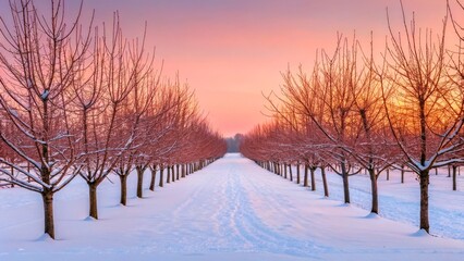 Obraz premium Serene Winter Landscape with Bare Trees and Soft Sunrise Glow in Frosty Field