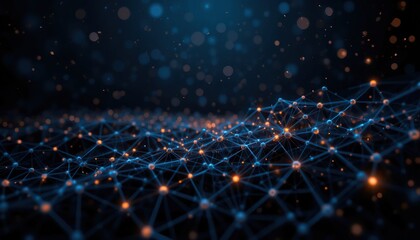 Through effective networked decision-making in company, this black digital mesh grid with luminous connection spots symbolizes strategic innovation and growthan-