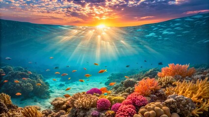 Obraz premium Vibrant Coral Reef and Sunset over Calm Ocean Waters with Underwater Life
