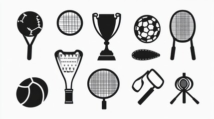 Sports equipment icons; trophy, balls, rackets; white background; website design
