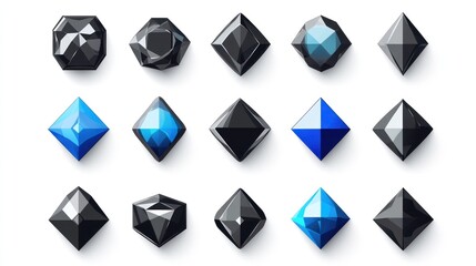 Black and blue gemstone shapes; isometric 3D render; white background; game asset