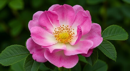 vivid close-up high-quality botanical photograph of Rosa rubiginosa also known as Sweet Briar rose showing its delicate pink petals surrounding green foliage often used herbal teas wellness