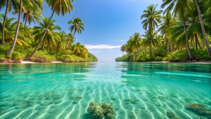 Tranquil Tropical Paradise with Crystal Clear Water and Lush Palm Trees in Sunlight