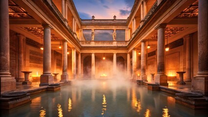 Majestic Ancient Bathhouse with Columns and Steam at Sunset in a Historic Setting