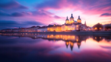 Fototapeta premium Stunning sunset over reflective tower, vibrant colors illuminating architecture, serene atmosphere, perfect for tranquil themes.