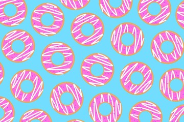 Seamless pattern with cute hand drawn pink donuts on bright blue background vector illustration. Design for pirnt, wallpaper, textile, wrapping paper, fabric, decoration, etc.